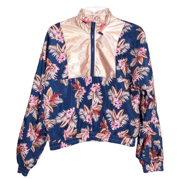 New Look Windbreaker 90s Floral 1/4 Zip Cropped Hawaiian Metallic Jacket Small - Picture 1 of 9